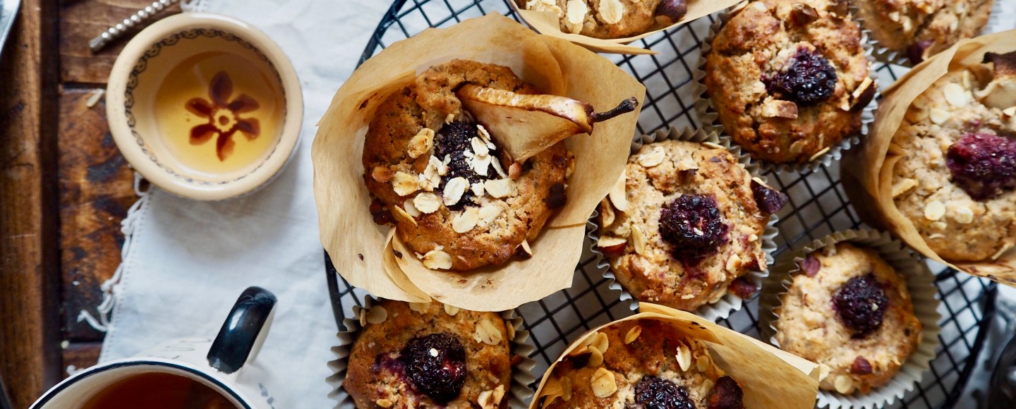 Blackberry, pear & spelt muffins