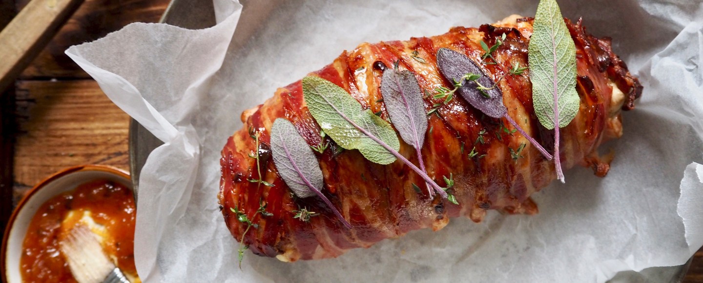 Pork & mushroom meatloaf wrapped in bacon