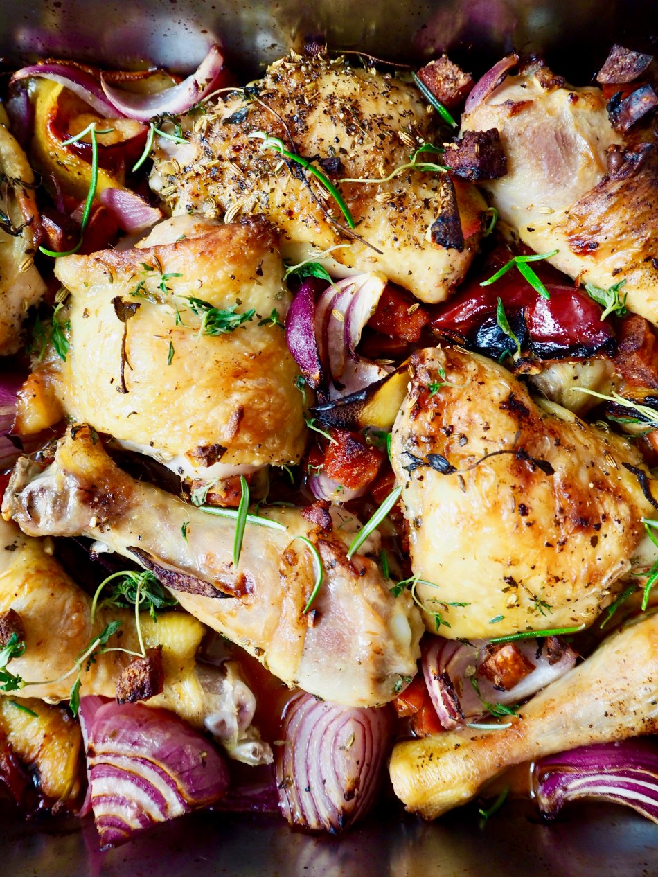 chicken with plums, rosé & herbs