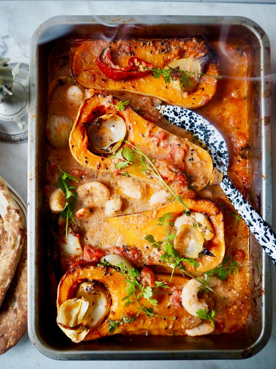 Pan roasted butternut squash and prawn curry
